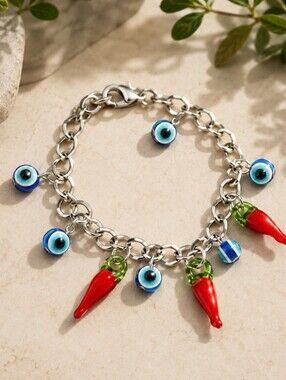 Blue and red evil eye and chili pepper charm bracelet 0604